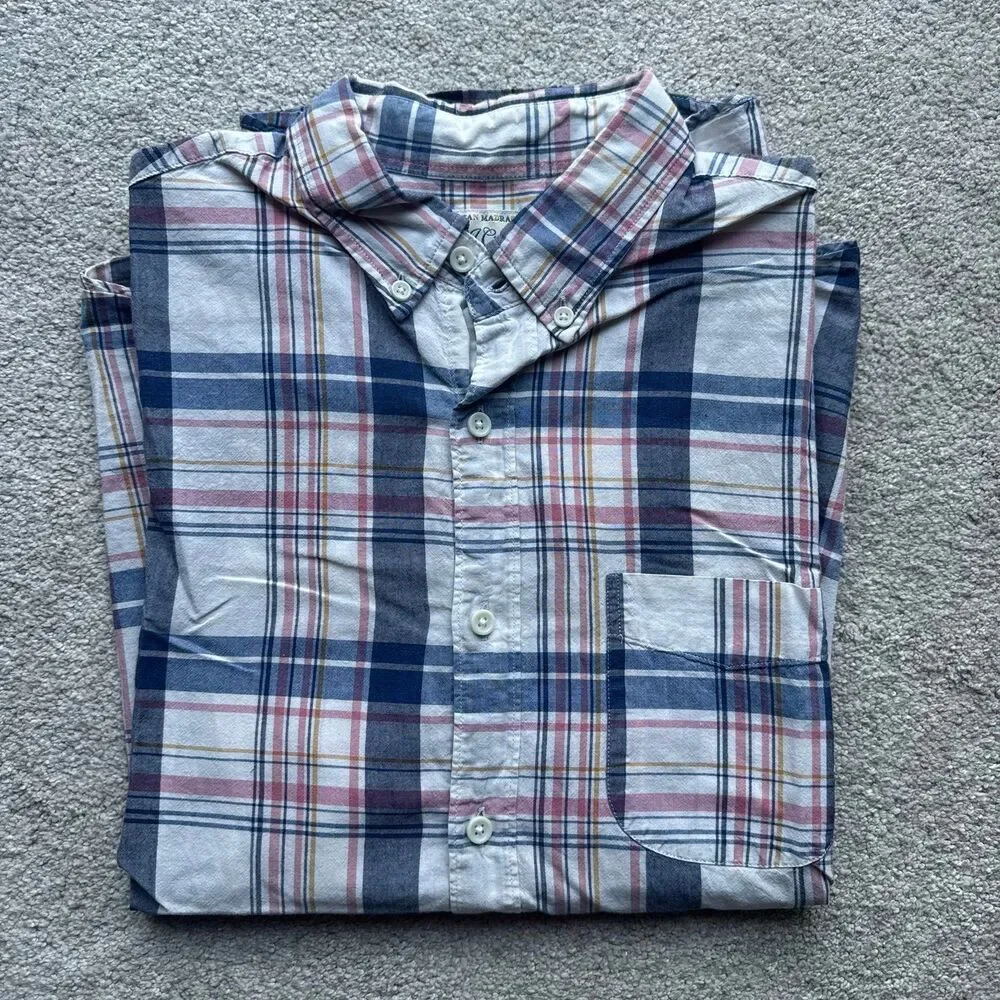 J. Crew Indian Madras Short Sleeve Button Down Plaid Flannel Shirt